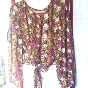 Leydon Floral semi sheer lace cropped tie Citron Ditsy Blouse Sz L Nwts